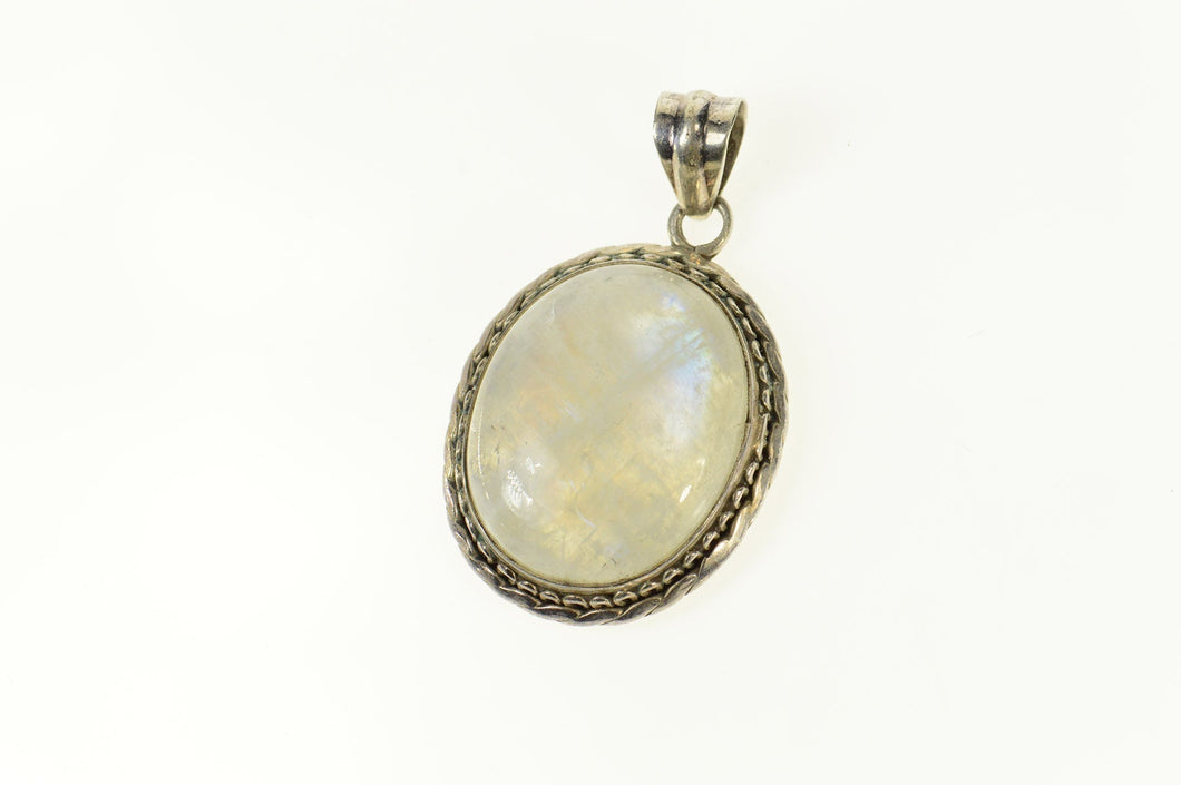 Sterling Silver Oval Moonstone Natural Cabochon Ornate Pendant