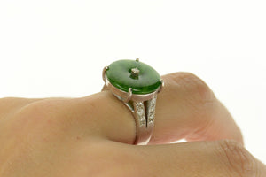 18K Jade Diamond Round Ornate Statement Ring Size 8 White Gold