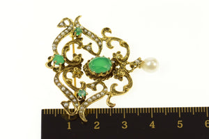 14K Victorian Chrysoprase Seed Pearl Scroll Pendant/Pin Yellow Gold