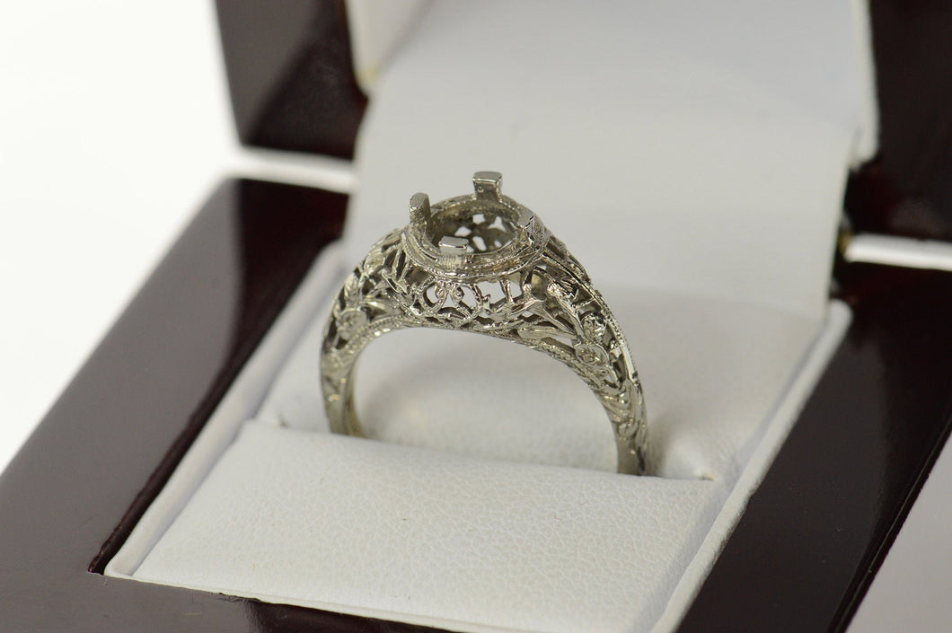 18K 5.75mm Art Deco Filigree Engagement Setting Ring Size 6.25 White Gold