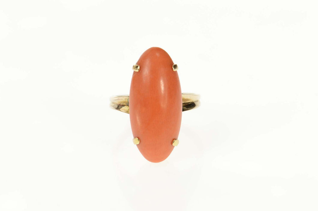 14K 1930's Oval Red Coral Cabochon Statement Ring Size 6 Yellow Gold
