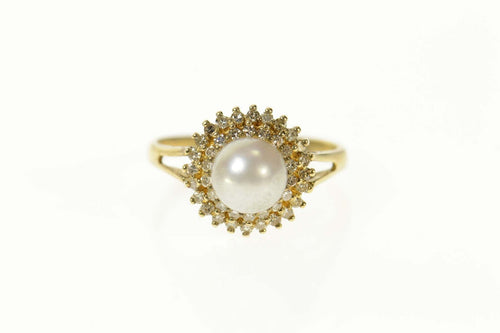 14K Pearl Diamond Halo Classic Statement Cocktail Ring Size 6.75 Yellow Gold