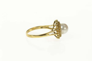 14K Pearl Diamond Halo Classic Statement Cocktail Ring Size 6.75 Yellow Gold