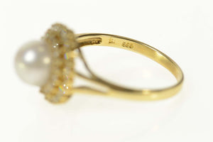 14K Pearl Diamond Halo Classic Statement Cocktail Ring Size 6.75 Yellow Gold