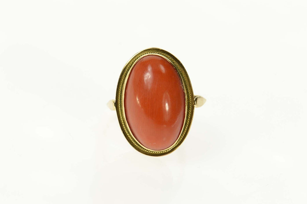 18K Victorian Red Coral Cabochon Statement Ring Size 6.25 Yellow Gold