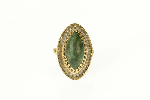 14K Victorian Marquise Nephrite Seed Pearl Ring Size 6.25 Yellow Gold