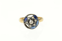 Load image into Gallery viewer, 14K Edwardian Syn. Sapphire Diamond Round Ring Size 7 Yellow Gold