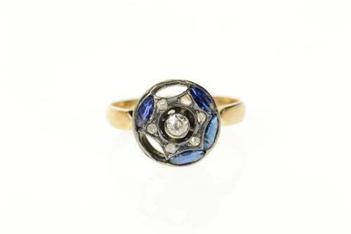 14K Edwardian Syn. Sapphire Diamond Round Ring Size 7 Yellow Gold