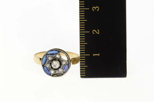 14K Edwardian Syn. Sapphire Diamond Round Ring Size 7 Yellow Gold