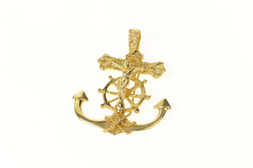14K Ornate Cross Anchor Crucifix Nautical Faith Pendant Yellow Gold