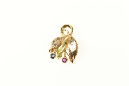14K Tri Tone Ruby Sapphire Leaf Cluster Pendant Yellow Gold