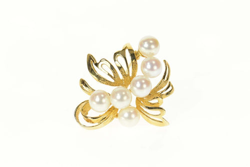 14K Pearl Ornate Retro Floral Cluster Pin/Brooch Yellow Gold