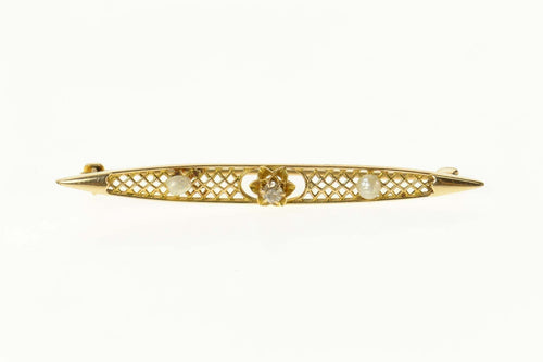 14K Victorian Diamond Seed Pearl Filigree Bar Pin/Brooch Yellow Gold