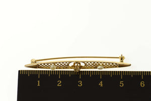 14K Victorian Diamond Seed Pearl Filigree Bar Pin/Brooch Yellow Gold