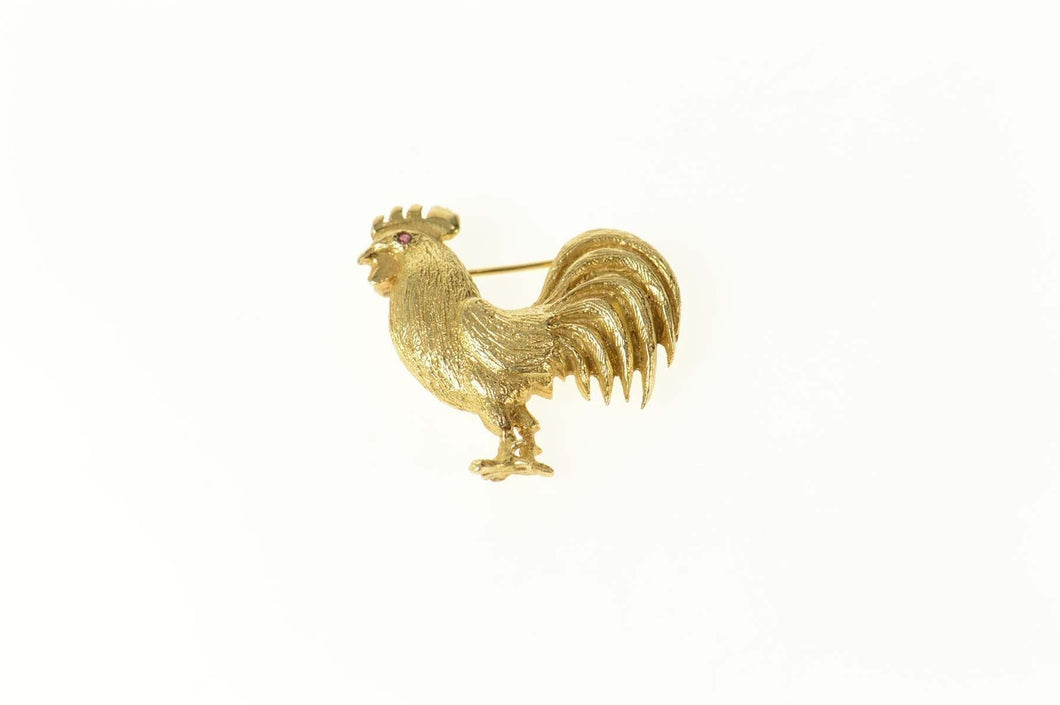 14K Ruby Eyed Rooster Chicken Farm Animal Pin/Brooch Yellow Gold