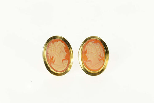 18K Retro Carved Lady Shell Cameo Ornate Stud Earrings Yellow Gold