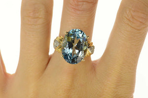 14K Oval Blue Topaz Diamond Accent Cocktail Ring Size 8.25 Yellow Gold