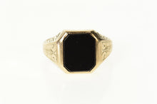 Load image into Gallery viewer, 10K Art Deco Etched Scroll Ornate Black Onyx Ring Size 9.5 Yellow Gold