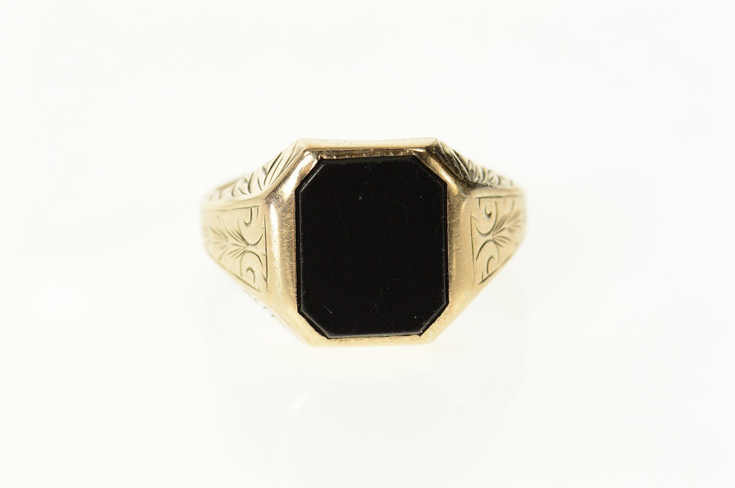 10K Art Deco Etched Scroll Ornate Black Onyx Ring Size 9.5 Yellow Gold