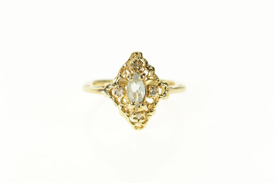 10K Marquise Blue Topaz Diamond Ornate Filigree Ring Size 3.25 Yellow Gold