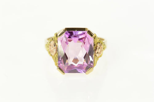 10K Black Hills Syn. Pink Topaz Flower Statement Ring Size 8.25 Yellow Gold