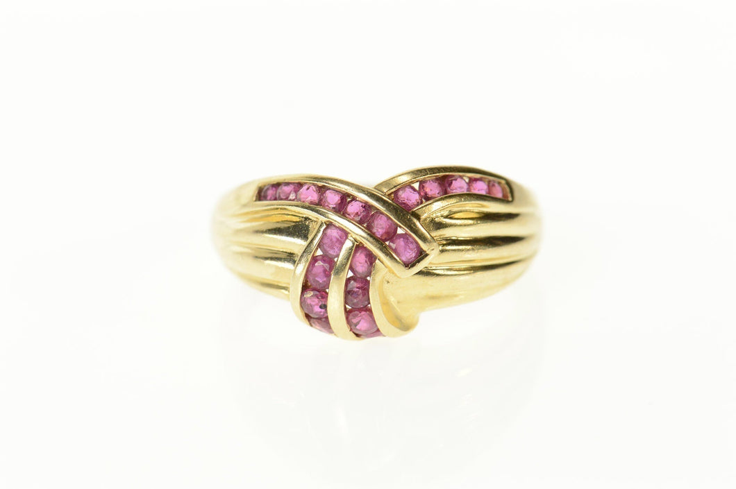 14K Ruby Criss Cross Grooved Statement Band Ring Size 7.25 Yellow Gold
