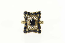 Load image into Gallery viewer, 14K Ornate Sapphire Squared Filigree Cocktail Ring Size 7.25 Yellow Gold