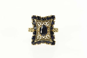 14K Ornate Sapphire Squared Filigree Cocktail Ring Size 7.25 Yellow Gold