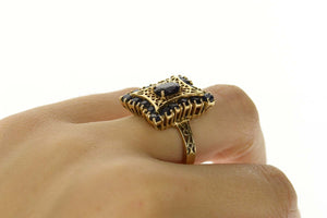 14K Ornate Sapphire Squared Filigree Cocktail Ring Size 7.25 Yellow Gold