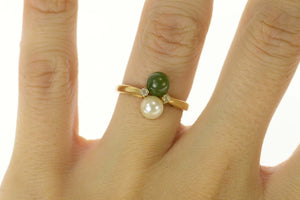 14K Pearl Jadeite CZ Accent Statement Ring Size 5.75 Yellow Gold