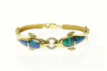 Load image into Gallery viewer, 14K Black Doublet Opal Inlay Diamond Ornate Dolphin Bracelet 7&quot; Yellow Gold
