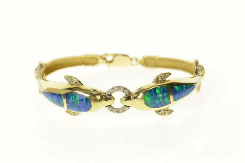 14K Black Doublet Opal Inlay Diamond Ornate Dolphin Bracelet 7