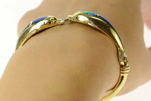 14K Black Doublet Opal Inlay Diamond Ornate Dolphin Bracelet 7" Yellow Gold