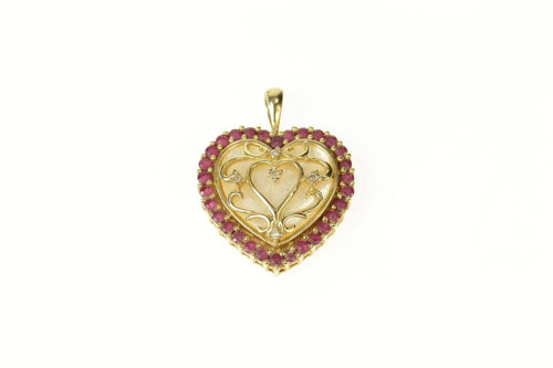 10K Mother of Pearl Ruby Diamond Filigree Heart Pendant Yellow Gold