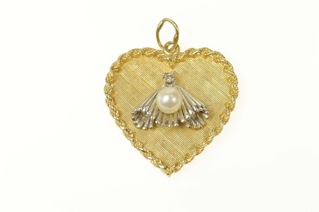 14K Retro Pearl Diamond Ornate Heart Love Charm/Pendant Yellow Gold