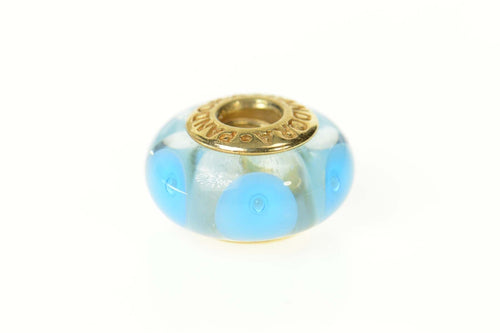 14K Pandora Light Blue Mystic Murano Glass Bead Charm/Pendant Yellow Gold