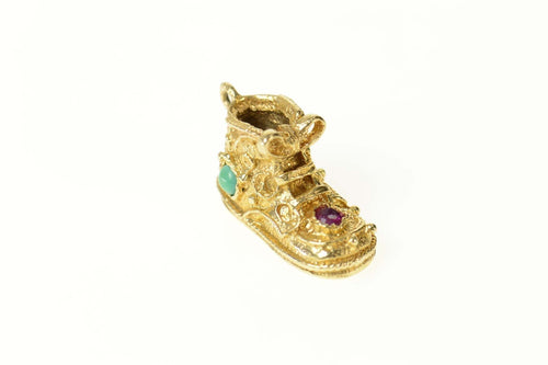 14K 1950's Turquoise Ruby Baby Shoe Bootie Charm/Pendant Yellow Gold
