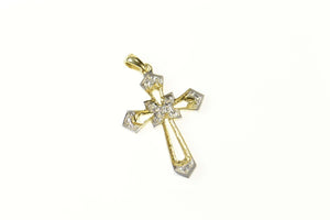 10K Ornate Diamond Inset Cross Christian Faith Pendant Yellow Gold