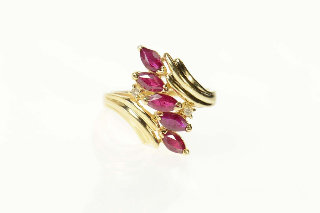 14K Marquise Ruby Diamond Bypass Statement Ring Size 7.75 Yellow Gold