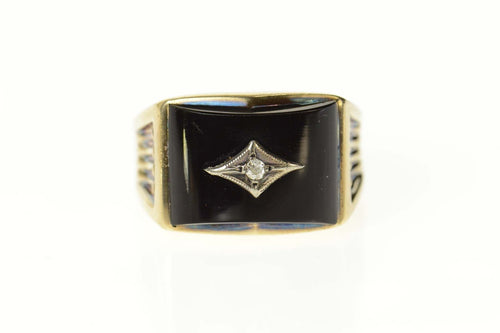 10K 1940's Black Onyx Diamond Accent Statement Ring Size 9.75 Yellow Gold