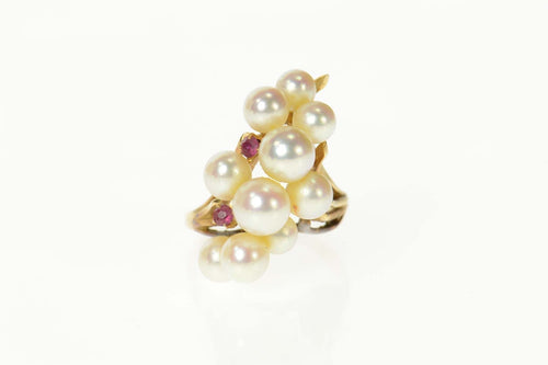 14K Pearl Cluster Ruby Accent Cocktail Statement Ring Size 5.5 Yellow Gold