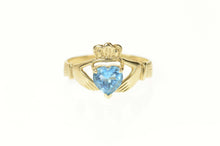 Load image into Gallery viewer, 10K Heart Blue Topaz Claddagh Irish Loyalty Ring Size 7.25 Yellow Gold