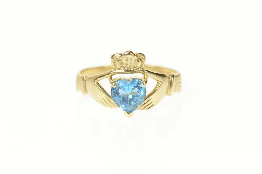 10K Heart Blue Topaz Claddagh Irish Loyalty Ring Size 7.25 Yellow Gold