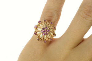 14K 1960's Ornate Flower Ruby Cluster Cocktail Ring Size 5 Yellow Gold