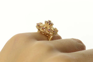 14K 1960's Ornate Flower Ruby Cluster Cocktail Ring Size 5 Yellow Gold