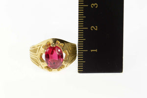 14K 1930's Ornate Syn. Ruby Statement Ring Size 7.75 Yellow Gold