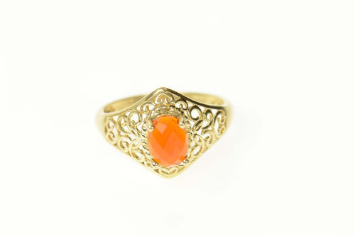 14K Oval Faceted Syn. Fire Opal Filigree Ring Size 8.25 Yellow Gold