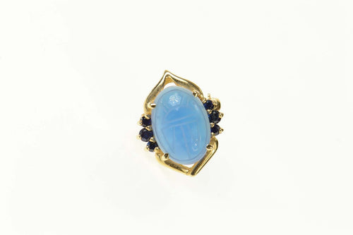 14K Blue Agate Scarab Sapphire Accent Statement Pin/Brooch Yellow Gold