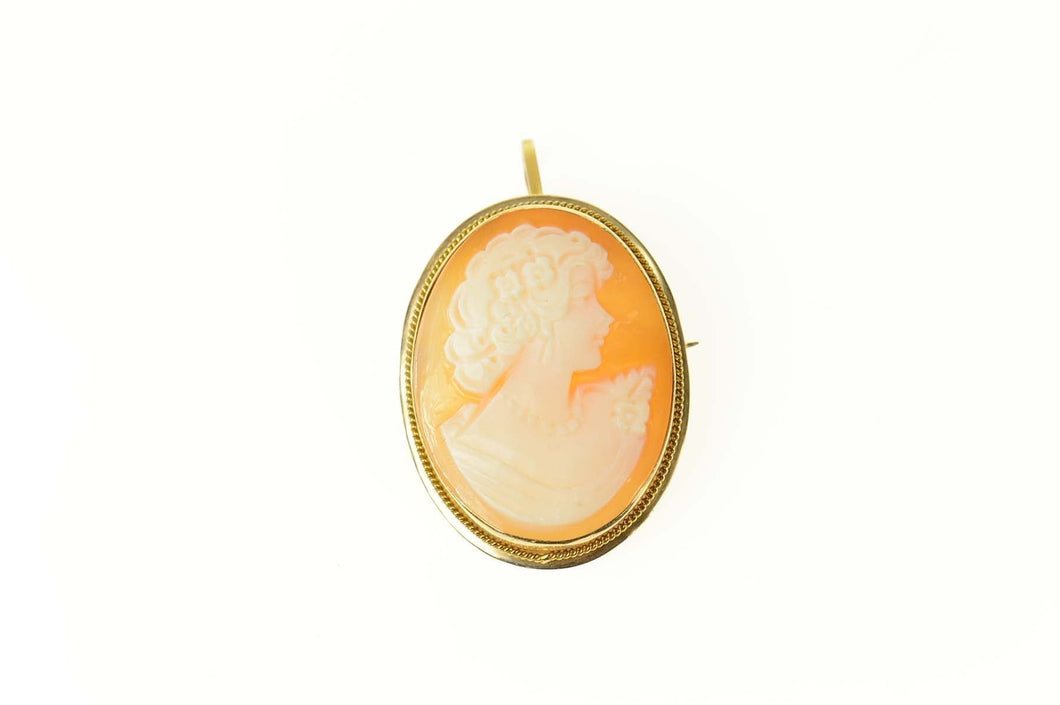 14K Lady Carved Shell Cameo Statement Pendant/Pin Yellow Gold