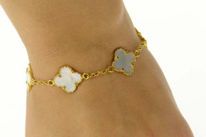 18K Mother of Pearl Flower Statement Chain Bracelet 7.25" Yellow Gold